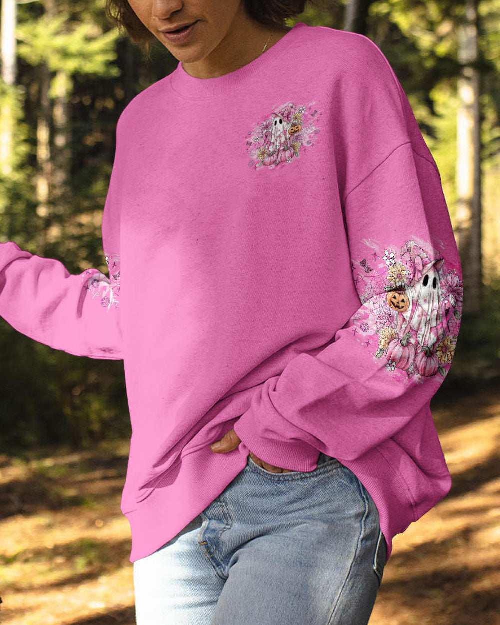 Breast Cancer Is Boo Sheet Shirt | All Over Print Angled view of the breast cancer is boo sheet shirt, capturing the playful elements and lively graphics.