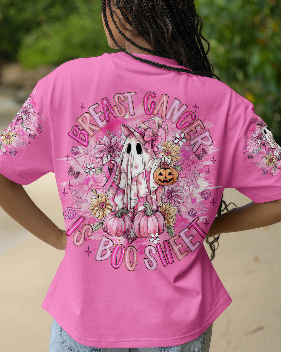 Breast Cancer Is Boo Sheet Shirt | All Over Print Detail shot of the breast cancer is boo sheet shirt highlighting the playful pumpkin and floral embellishments.
