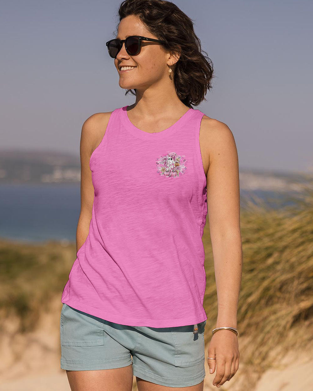 Breast Cancer Is Boo Sheet Shirt | All Over Print Casual shot of the breast cancer is boo sheet shirt paired with jeans, showing its versatile style.