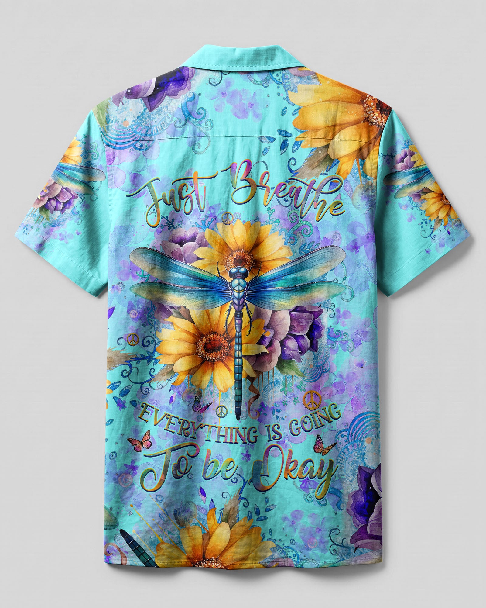 Just Breathe Dragonfly Camp Shirt Back view showcasing the colorful design of the just breathe dragonfly camp shirt with a dragonfly motif.