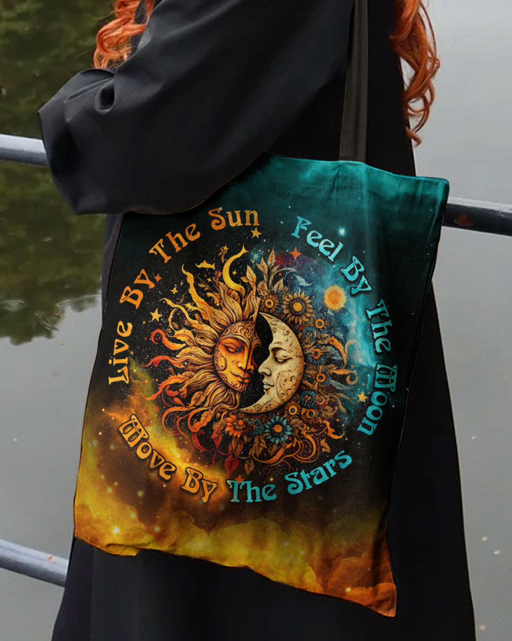 Live By The Sun Moon Stars Tote Bag Back view of the tote bag showcasing a solid color, perfect for everyday use with the live by the sun moon stars theme.