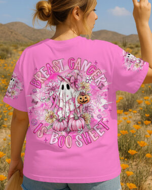 Front view of the breast cancer is boo sheet shirt in vibrant pink with ghost and pumpkin graphics.