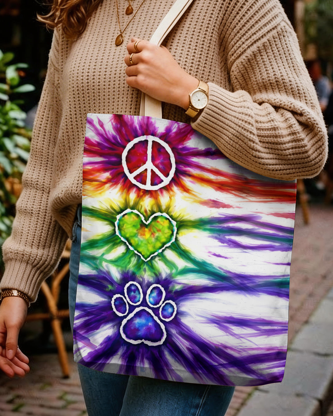 Peace Love Paw Print Swirl Tote Bag Close-up detail of the peace love paw print swirl tote bag, highlighting the intricate print and soft material.
