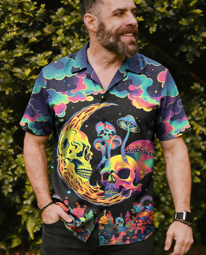 Psychedelic Eyes Mushroom Camp Shirt Side view of the psychedelic eyes mushroom camp shirt displaying the unique collar and button details.