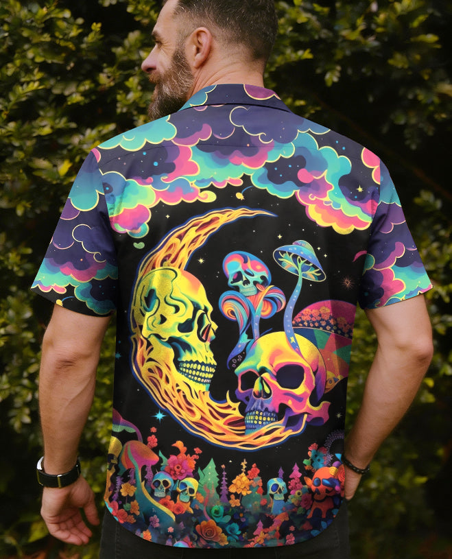 Psychedelic Eyes Mushroom Camp Shirt Casual outdoor scene with the psychedelic eyes mushroom camp shirt, featuring a blend of colors and whimsical elements.