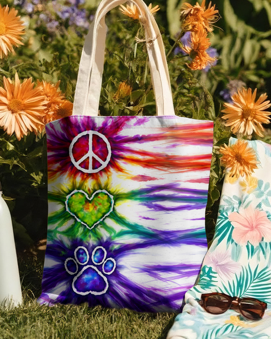 Peace Love Paw Print Swirl Tote Bag Back view of the peace love paw print swirl tote bag, revealing its unique swirl design and durable fabric.