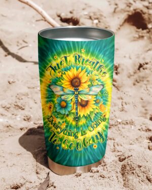 Front view of the Just Breathe Dragonfly Floral Swirl Tumbler featuring vibrant colors and floral designs.