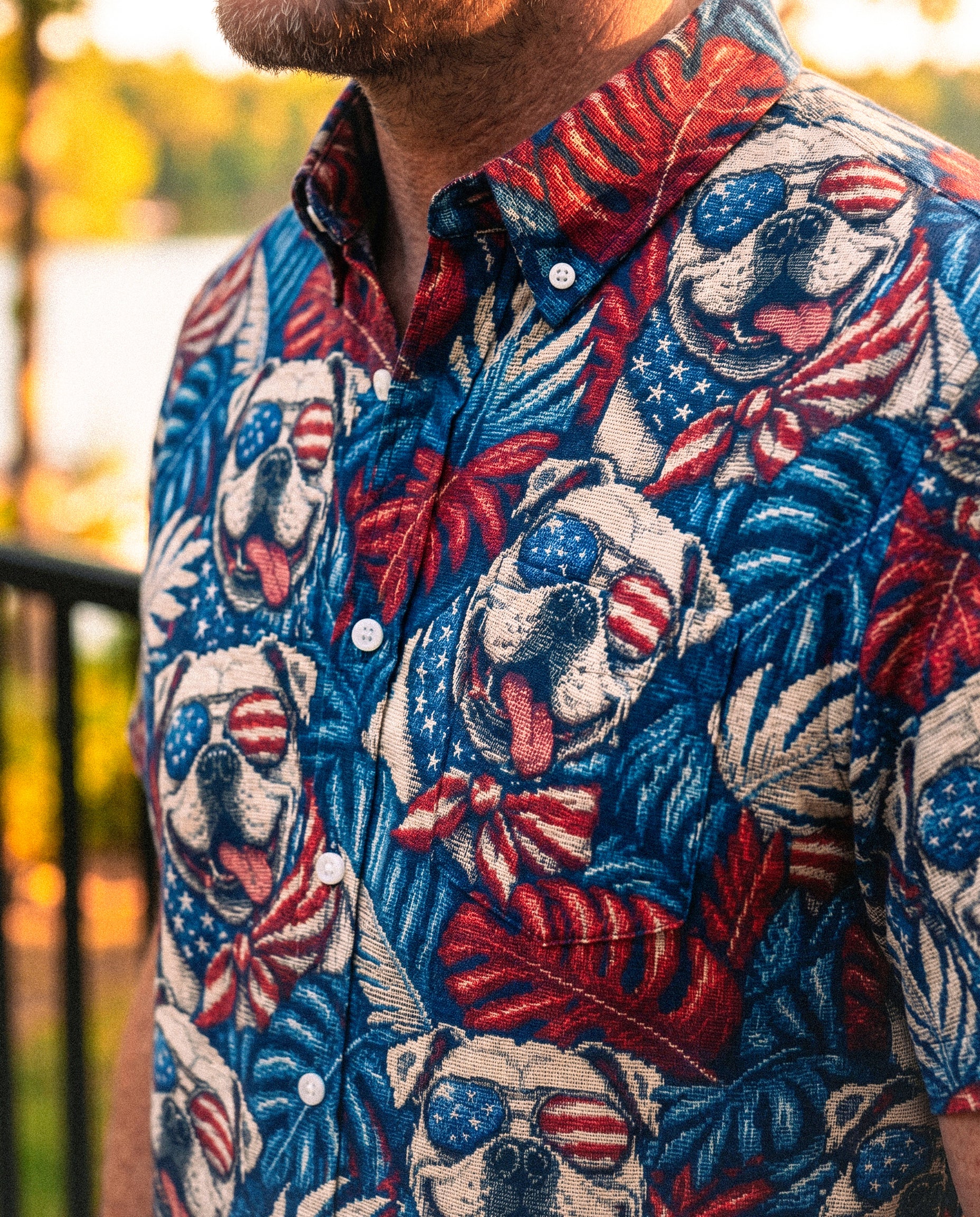 American Bulldog Button-Down Collar Shirt Flat lay of the American Bulldog button-down collar shirt against a neutral background, emphasizing its bold colors and playf