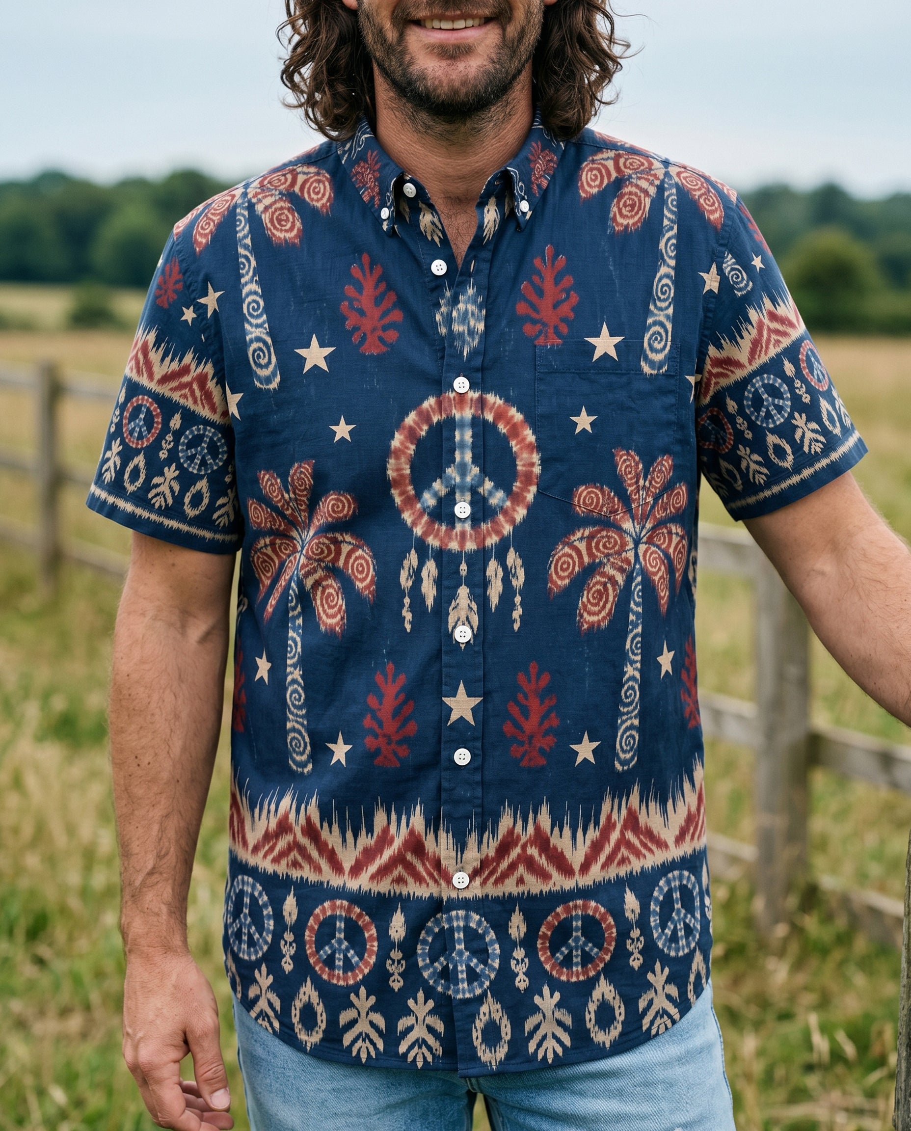 Peace Palm Ikat Button-Down Shirt Side angle of the Peace Palm Ikat Button-Down Shirt emphasizing the colorful palm and peace motifs.
