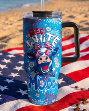 RED WHITE AND MOOO COW TUMBLER