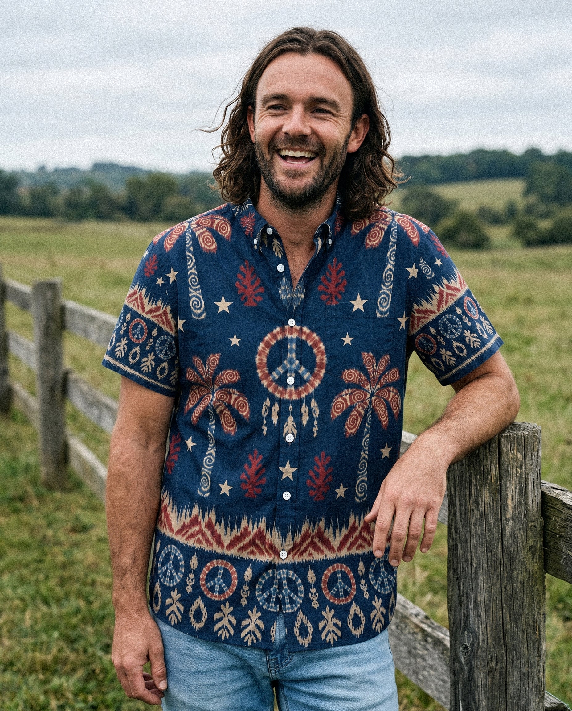 Peace Palm Ikat Button-Down Shirt Lifestyle shot of the Peace Palm Ikat Button-Down Shirt worn casually, perfect for summer outings.