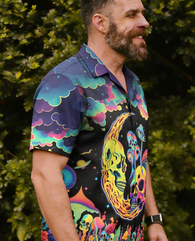 Psychedelic Eyes Mushroom Camp Shirt Flat lay of the psychedelic eyes mushroom camp shirt with contrasting accessories to emphasize its vibrant design.