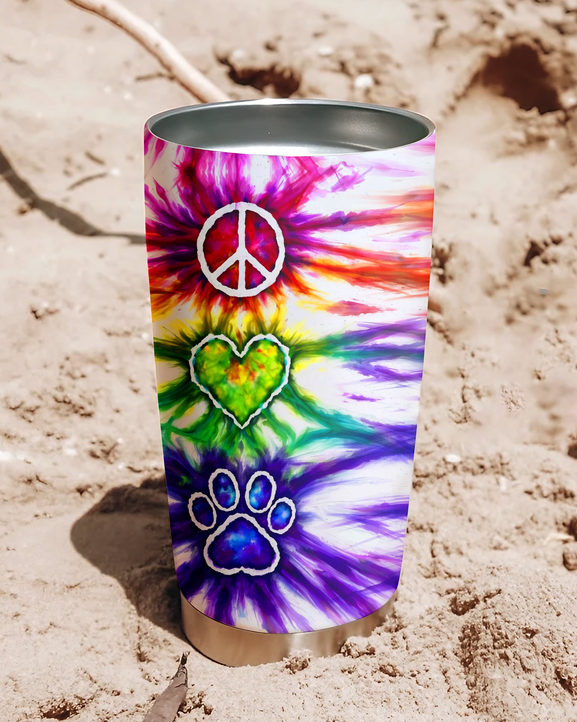 Peace Love Paw Print Swirl Tumbler Close-up detail of the peace love paw print swirl tumbler, emphasizing the intricate designs and vibrant hues.