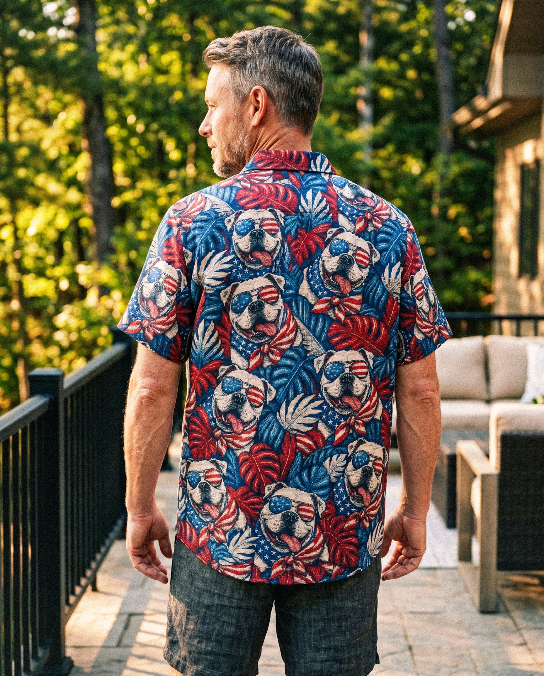 American Bulldog Button-Down Collar Shirt Lifestyle shot of the American Bulldog button-down collar shirt worn outdoors, blending style with a fun, casual vibe.