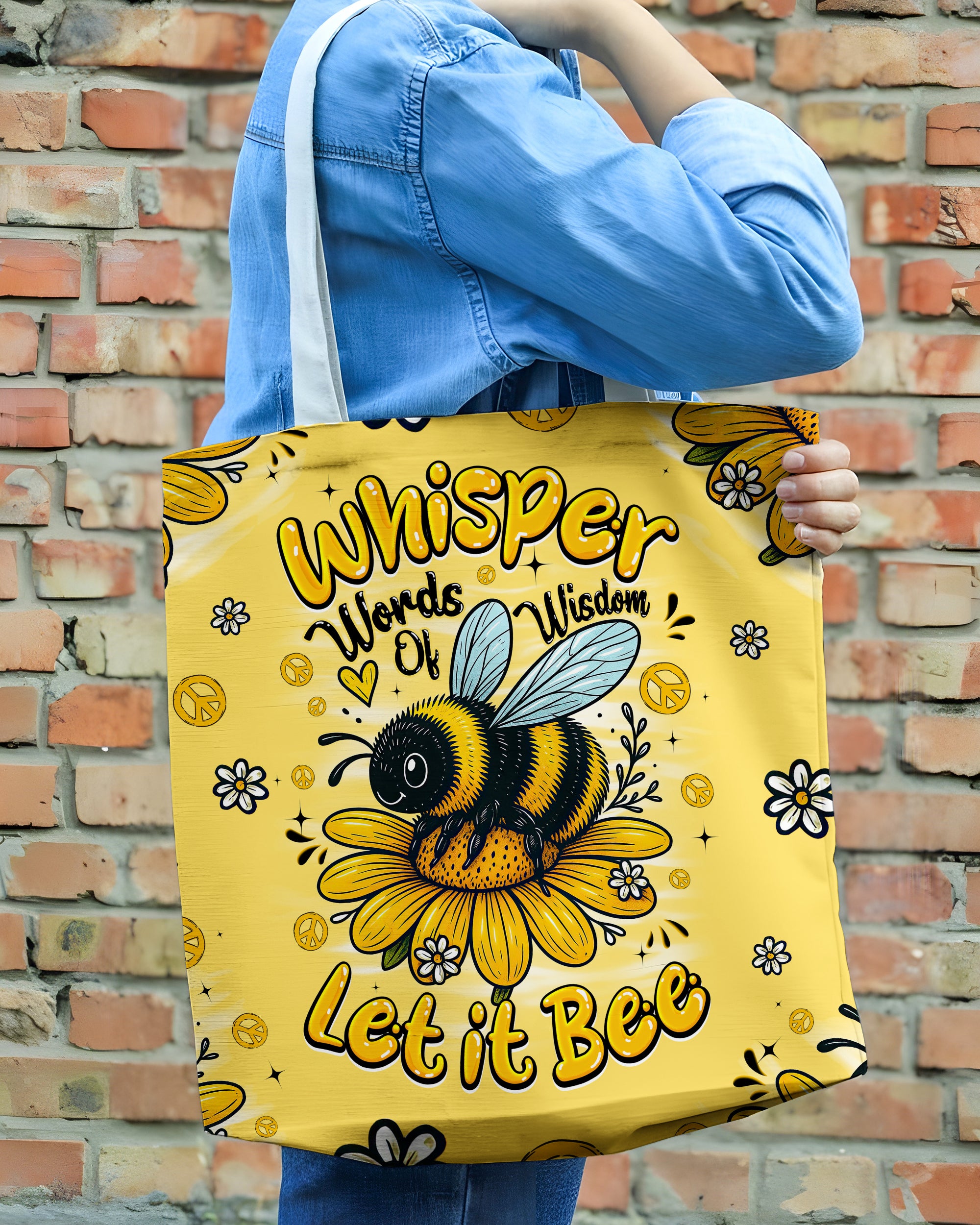 Let It Bee Tote Bag | Whimsical Floral Design Front view of the Let It Bee tote bag featuring a vibrant yellow design with a bee and flowers.
