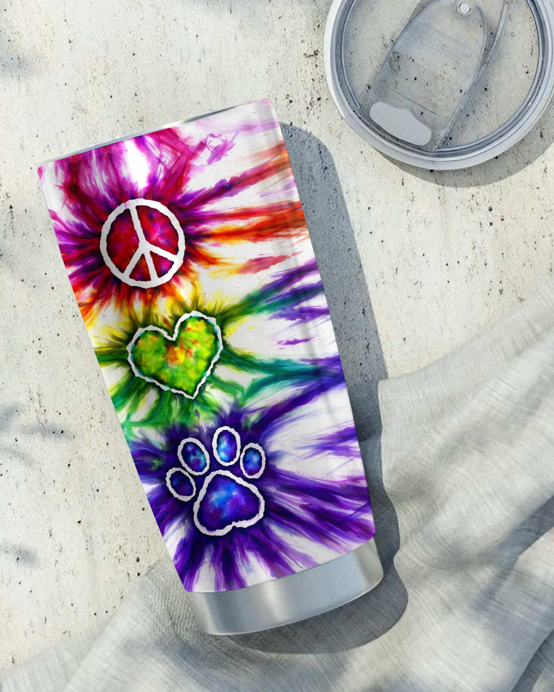 Peace Love Paw Print Swirl Tumbler Back view of the peace love paw print swirl tumbler highlighting the sturdy handle and colorful patterns.