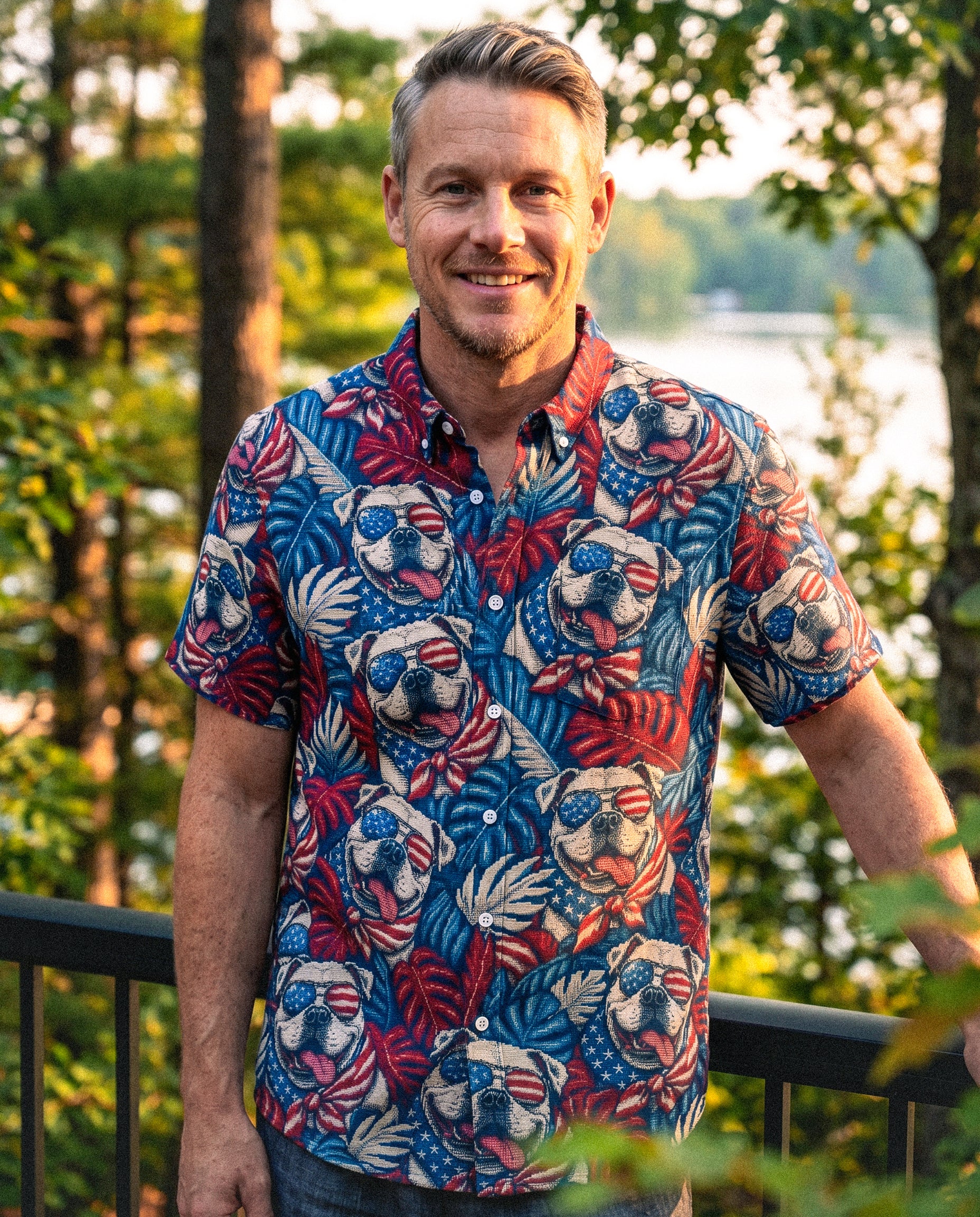 American Bulldog Button-Down Collar Shirt Side angle of the American Bulldog button-down collar shirt revealing the button details and colorful bulldog design.