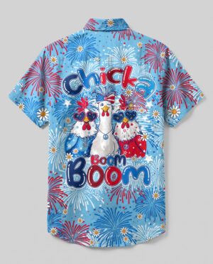 Chicka Boom Boom Hippie Chicken shirt in blue, featuring vibrant fireworks and chickens, viewed from the back.