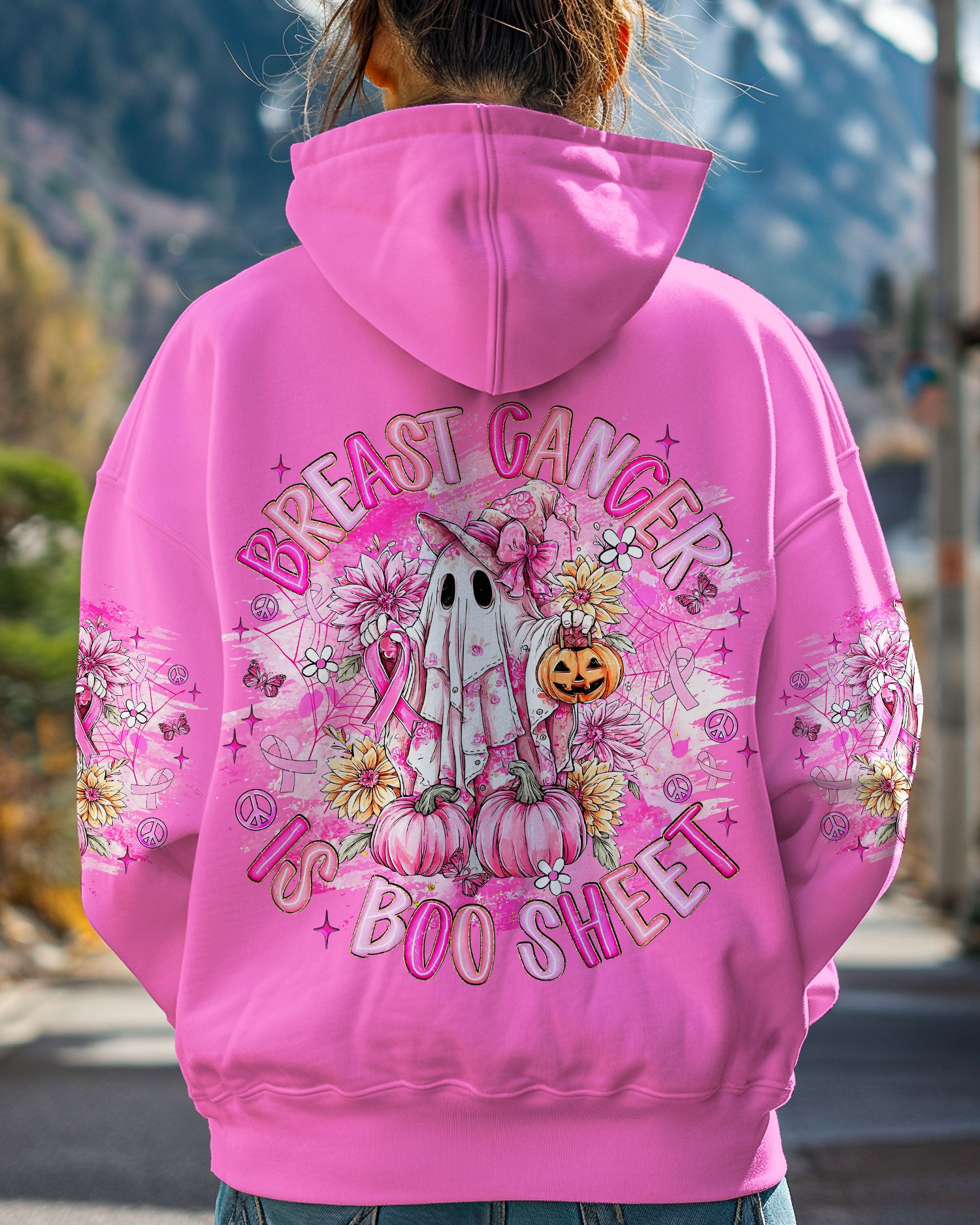 Breast Cancer Is Boo Sheet Shirt | All Over Print Side view of the breast cancer is boo sheet shirt revealing its relaxed fit and vibrant pink color.