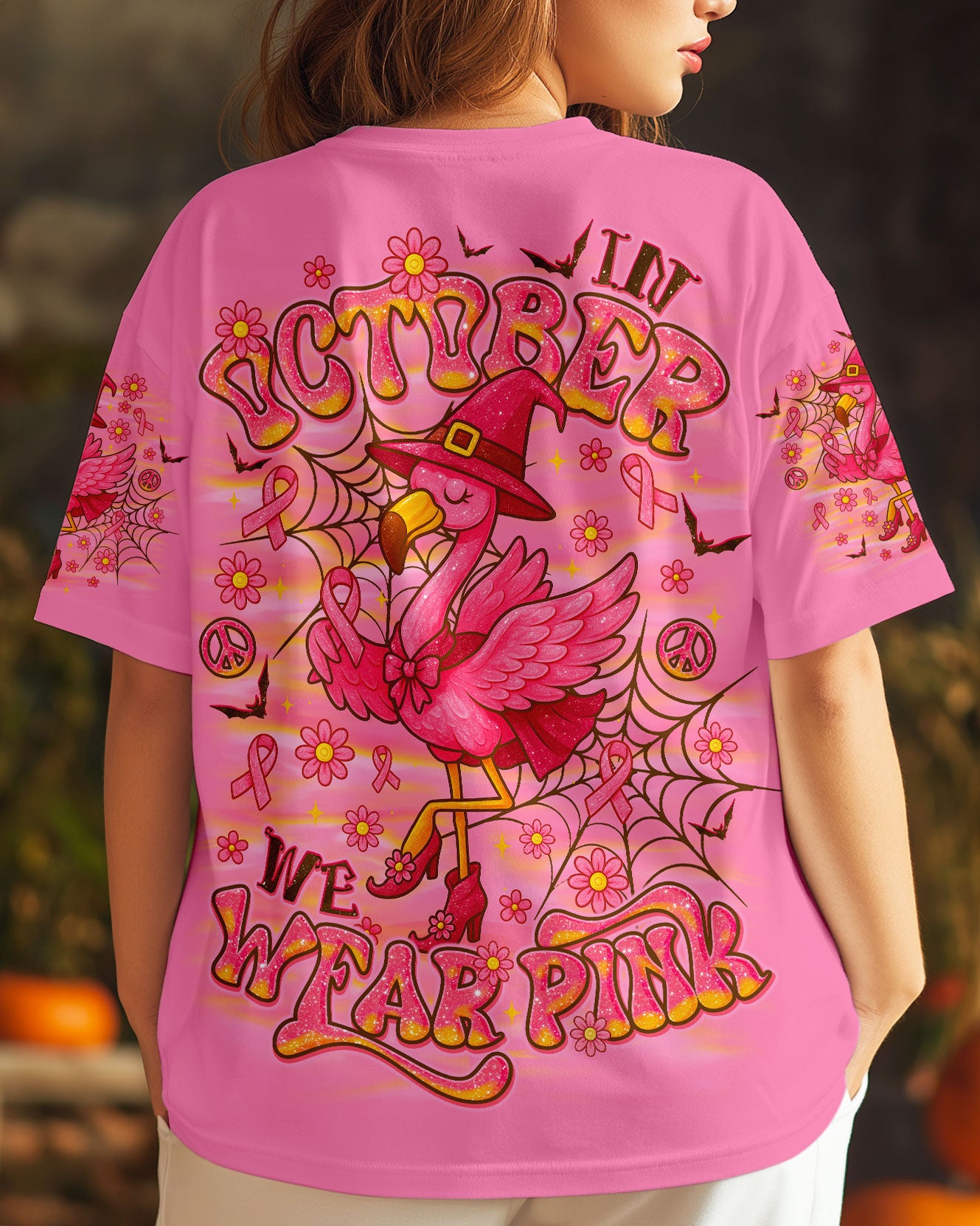 Pink Flamingo Witch Shirt | All Over Print Clothes Back view of the pink flamingo witch shirt featuring vibrant designs and October-themed graphics.