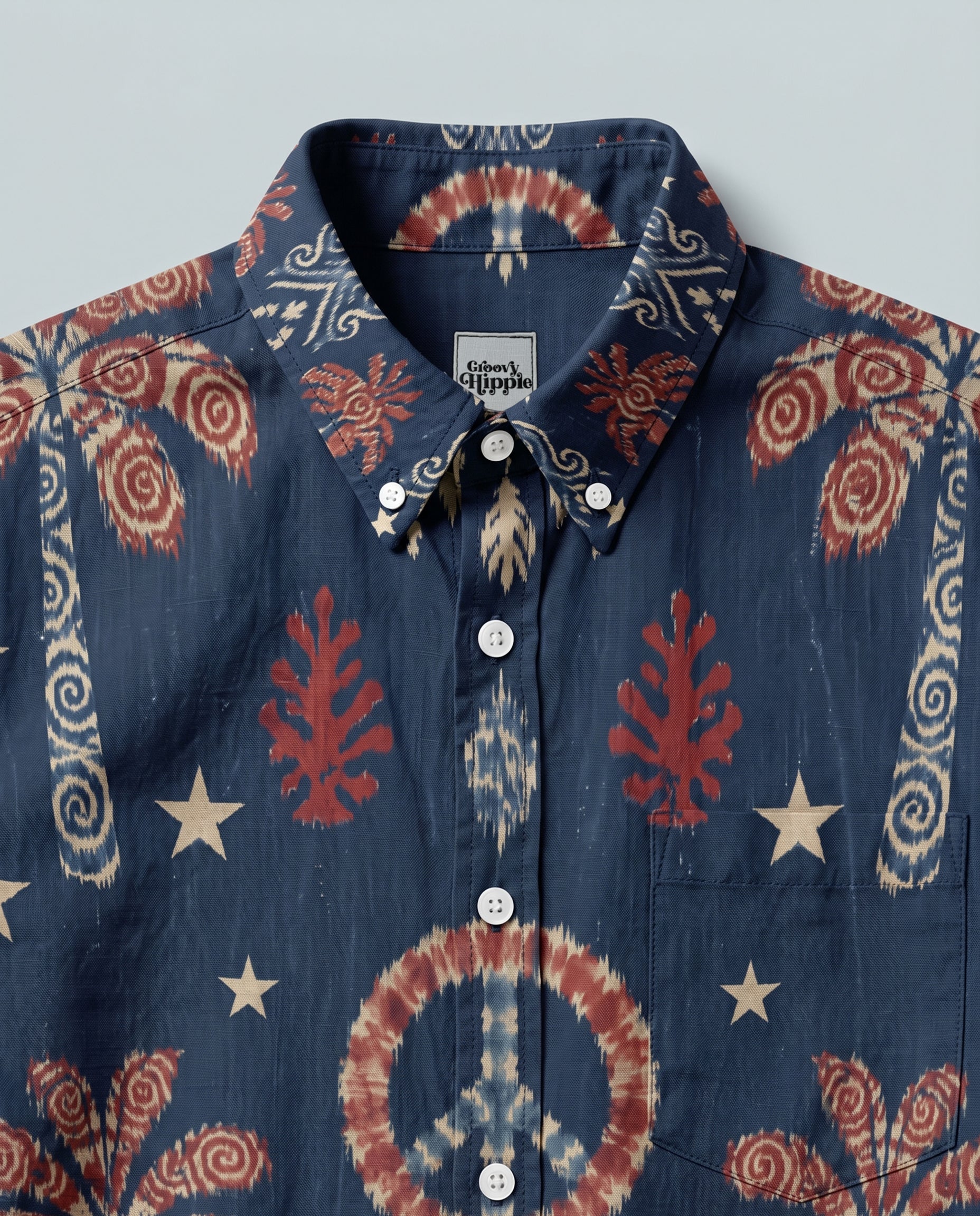 Peace Palm Ikat Button-Down Shirt Close-up detail of the fabric on the Peace Palm Ikat Button-Down Shirt highlighting its unique ikat print.