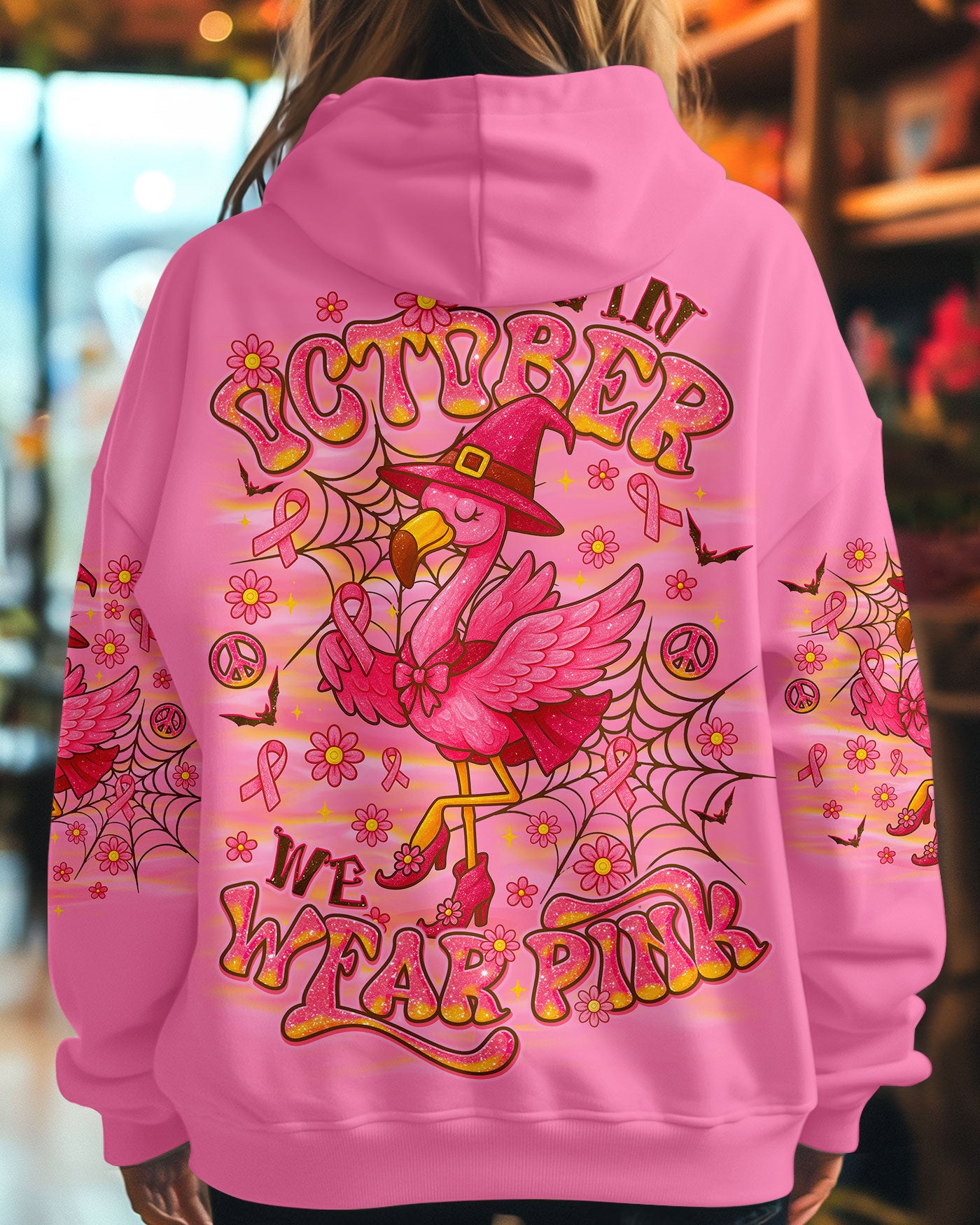 Pink Flamingo Witch Shirt | All Over Print Clothes Full view of the pink flamingo witch shirt on display, emphasizing its all-over print and cheerful theme.