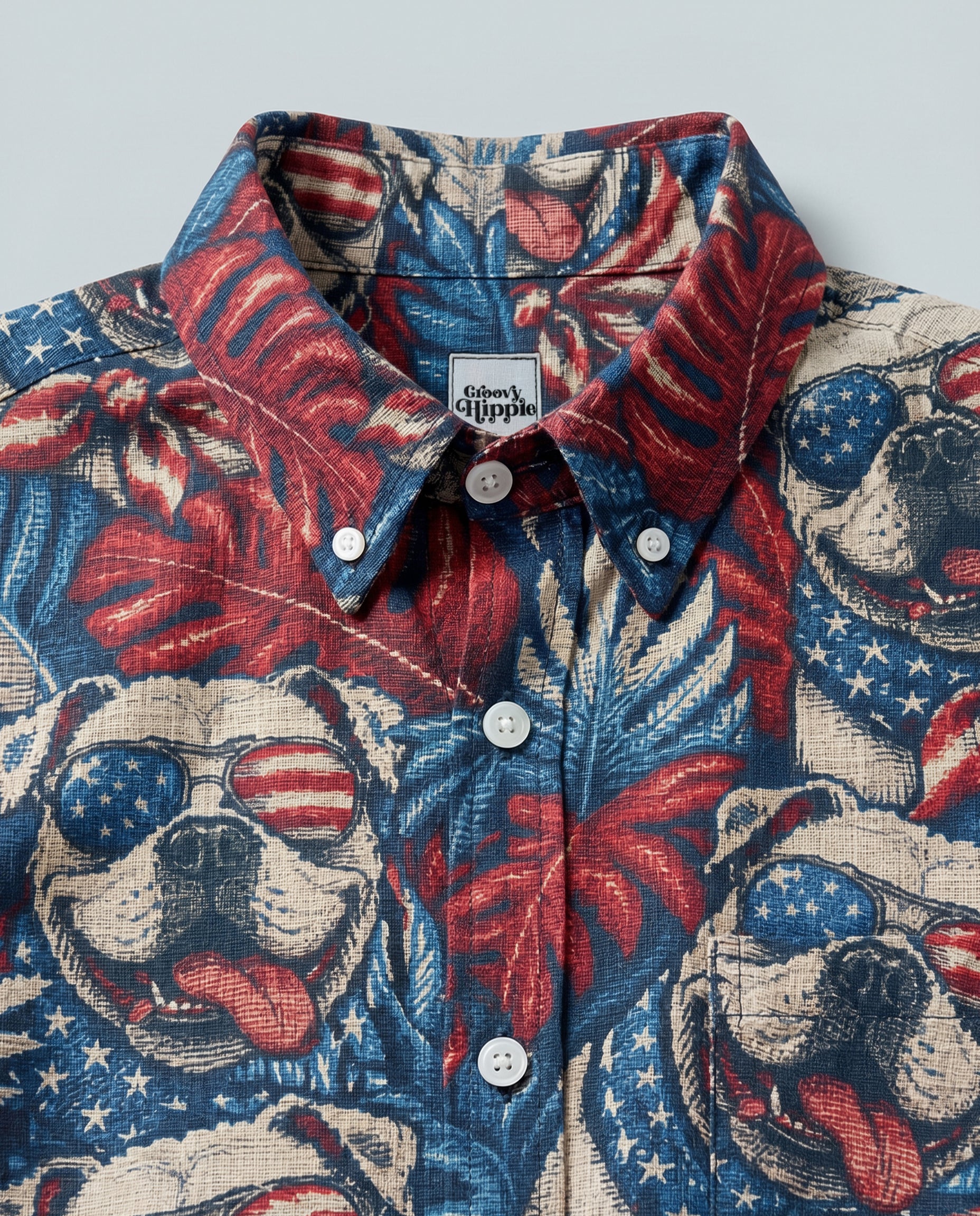 American Bulldog Button-Down Collar Shirt Back view of the American Bulldog button-down collar shirt showcasing the all-over dog and leaf design in red and blue.