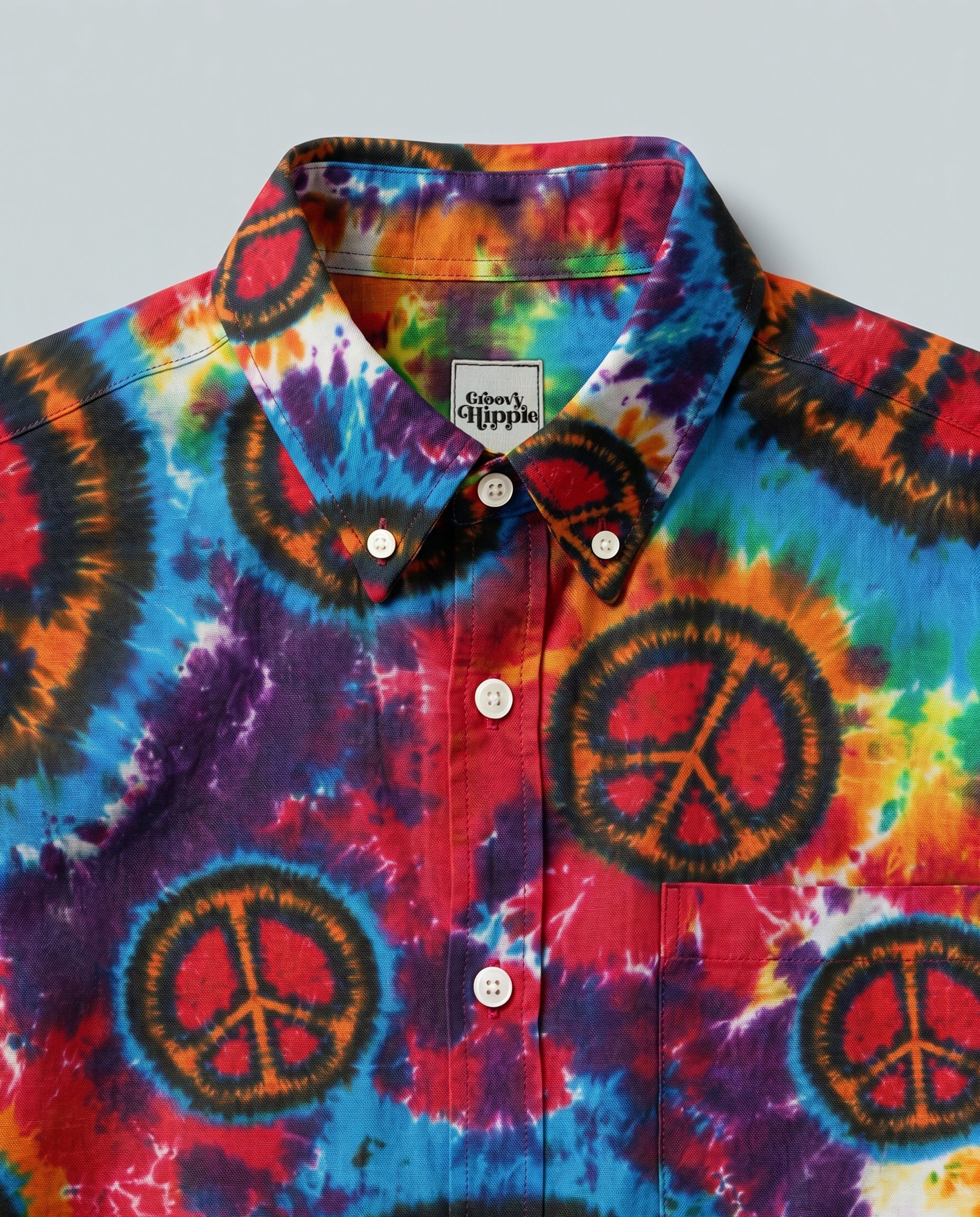 Rainbow Peace Burst Button-Down Collar Shirt Close-up detail of the fabric on the rainbow peace burst button-down shirt highlighting the tie-dye pattern.
