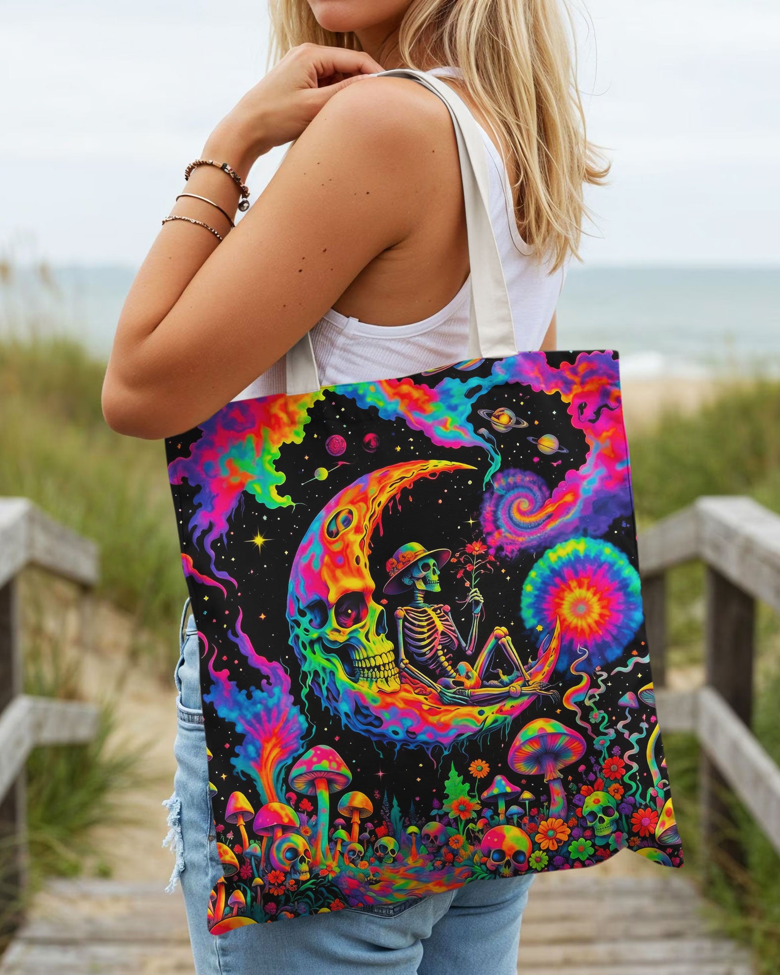 Hippie Skull Psychedelic Tote Bag Back view of the hippie skull psychedelic tote bag, highlighting the intricate details and bright color palette.