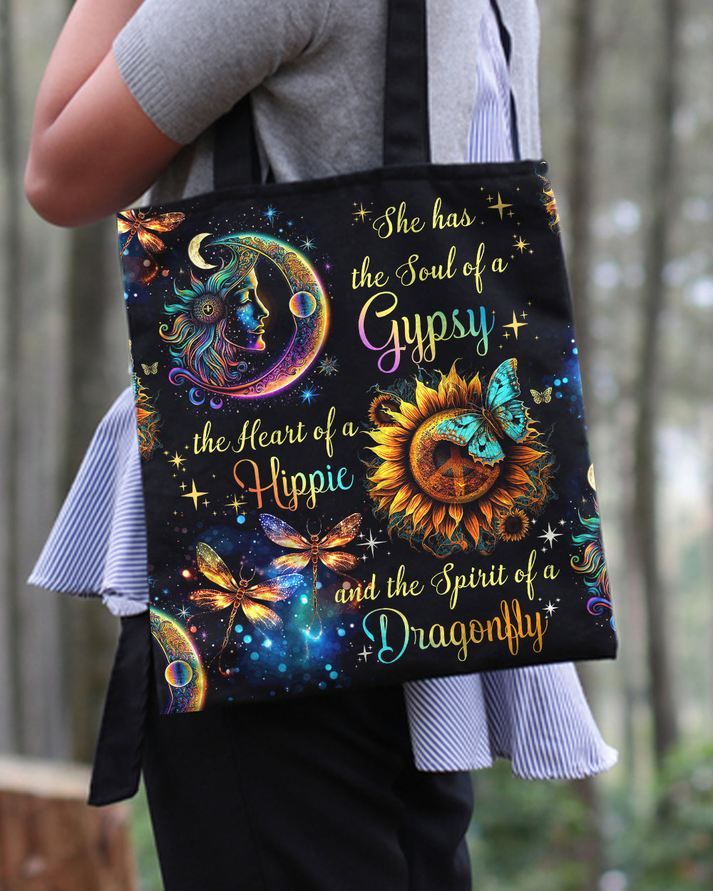 Spirit of a Dragonfly Tote Bag Lifestyle shot of the spirit of a dragonfly tote bag being held, highlighting its stylish and artistic design.