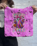 Front view of the IN OCTOBER WE WEAR PINK BOO tote bag showcasing a colorful ghost design on a vibrant pink background.