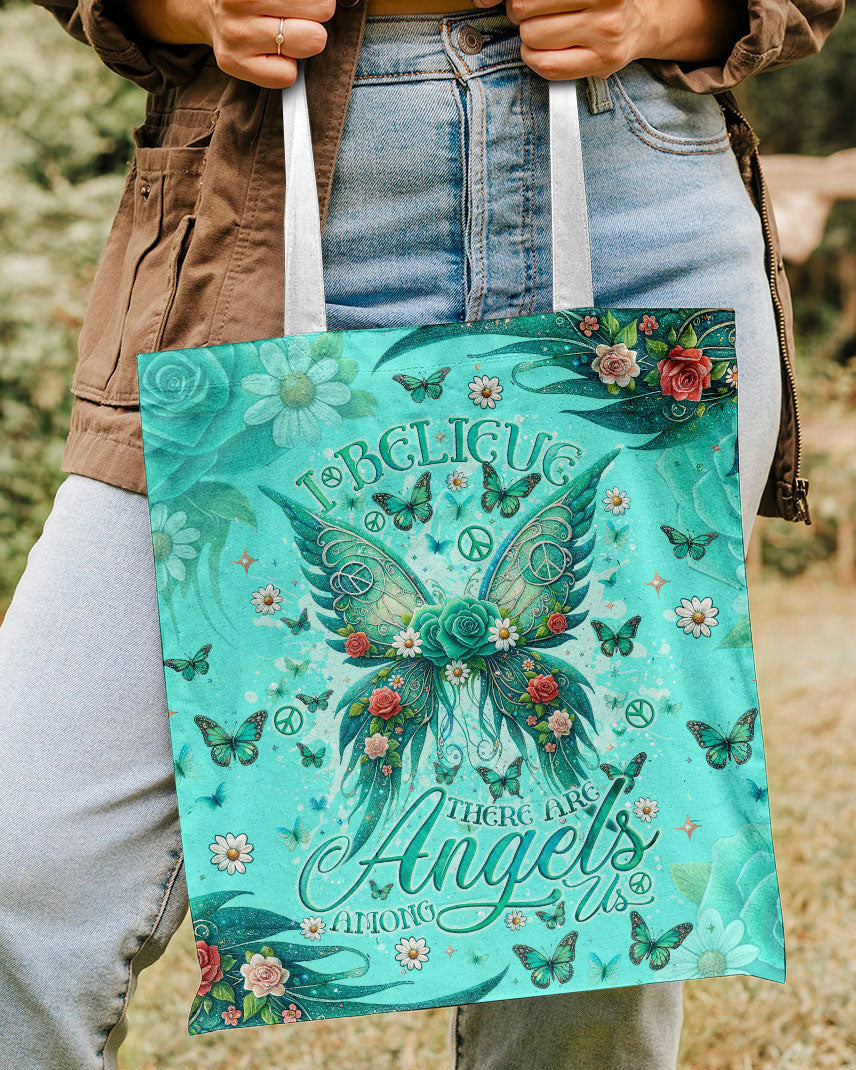 Angels Among Us Wings Tote Bag Close-up detail of the I Believe There Are Angels Among Us Wings Tote Bag, highlighting the intricate butterfly and rose patt