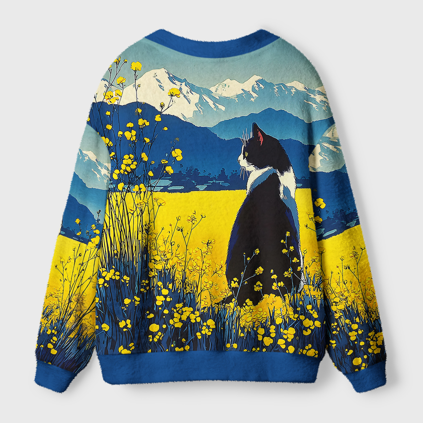 Daylily Cat Cardigan Sweater | Floral Cat Design Back view of the daylily cat cardigan sweater highlighting the cozy fit and unique floral pattern.