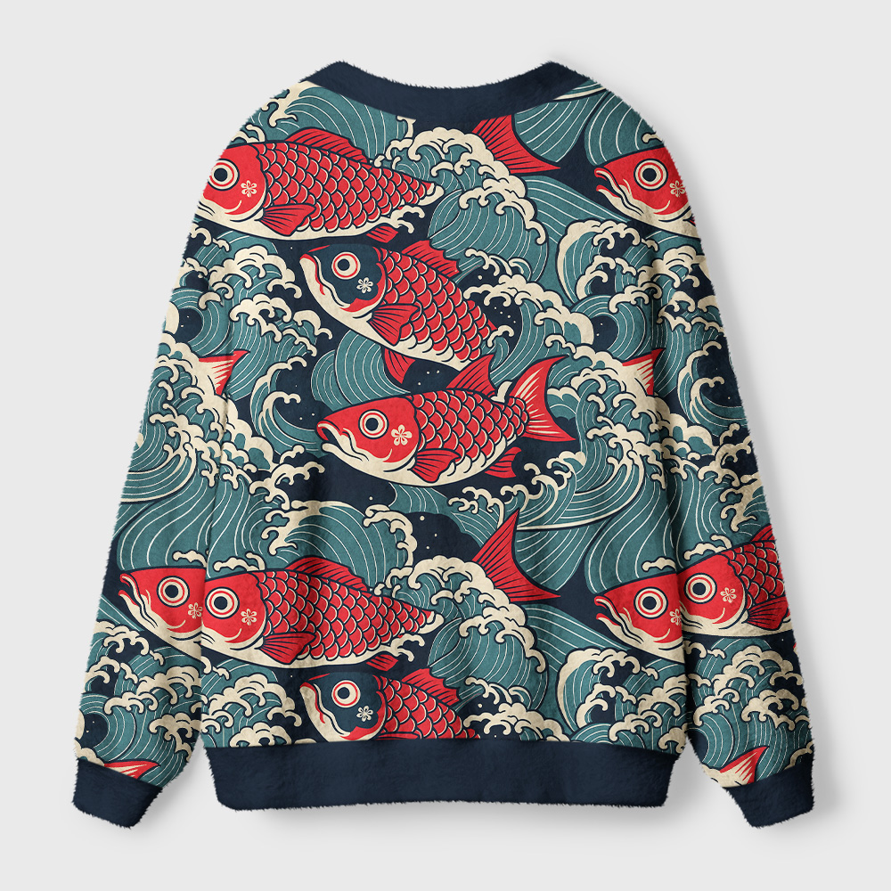 Koi Wave Cardigan Sweater | Japanese Fish Design Back view of the koi wave cardigan sweater highlighting the intricate fish and wave design in a cozy fit.