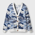 Front view of the traditional Japan scenery cardigan, featuring vibrant blue waves and white cherry blossoms.