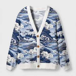Front view of the traditional Japan scenery cardigan, featuring vibrant blue waves and white cherry blossoms.