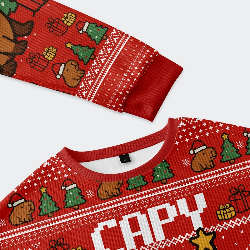 Capybara Celebration Christmas Ugly Sweatshirt Close-up detail of the capybara celebration christmas ugly sweatshirt's soft fabric featuring cute capybara and Christmas mot