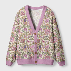 Front view of the Victorian floral cardigan sweater showcasing its vintage botanical design and soft purple trim.