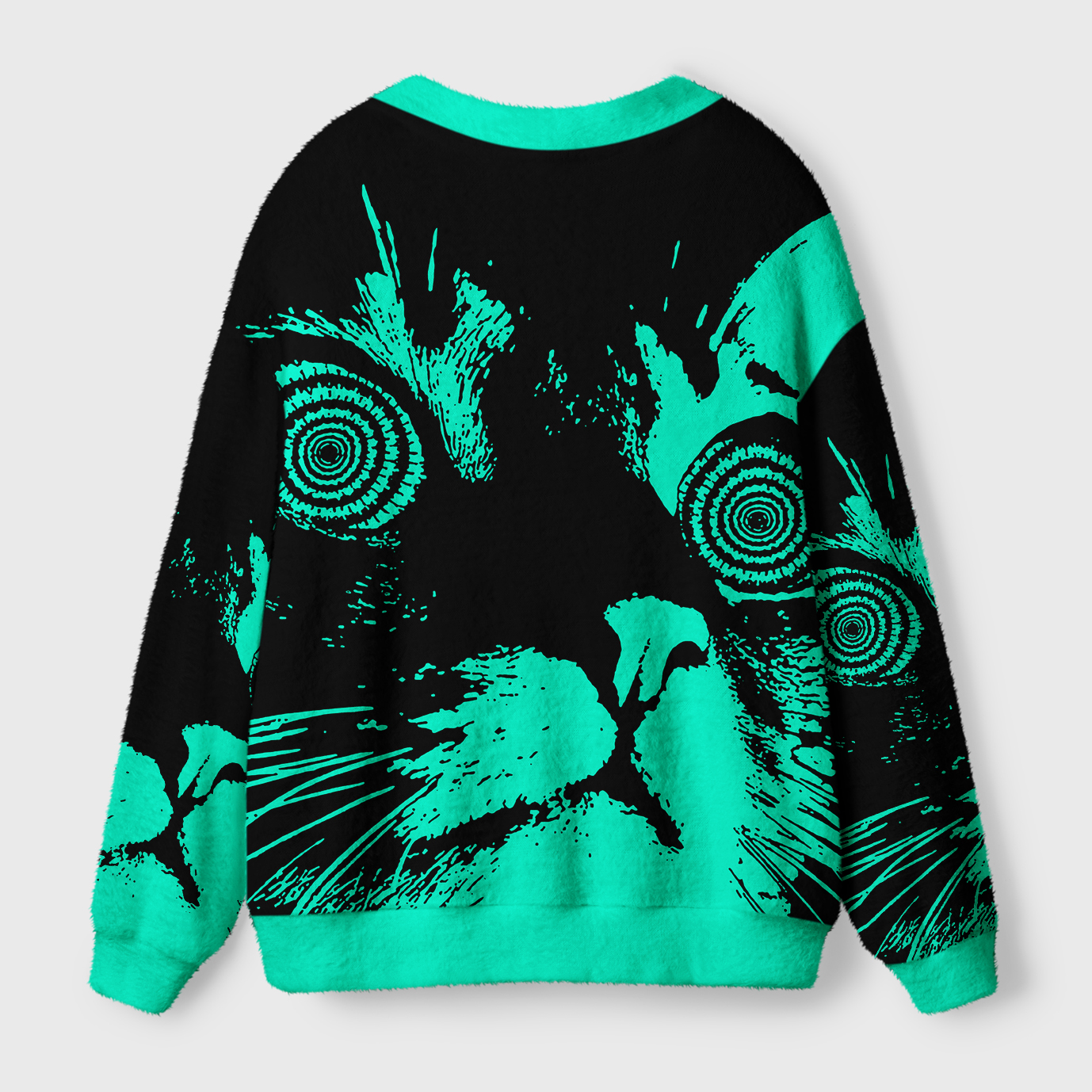 Cool Cat Japanese Cardigan Sweater | Japanese Cat Design Back view of the cool cat Japanese cardigan sweater showcasing its unique color contrast and artistic design.
