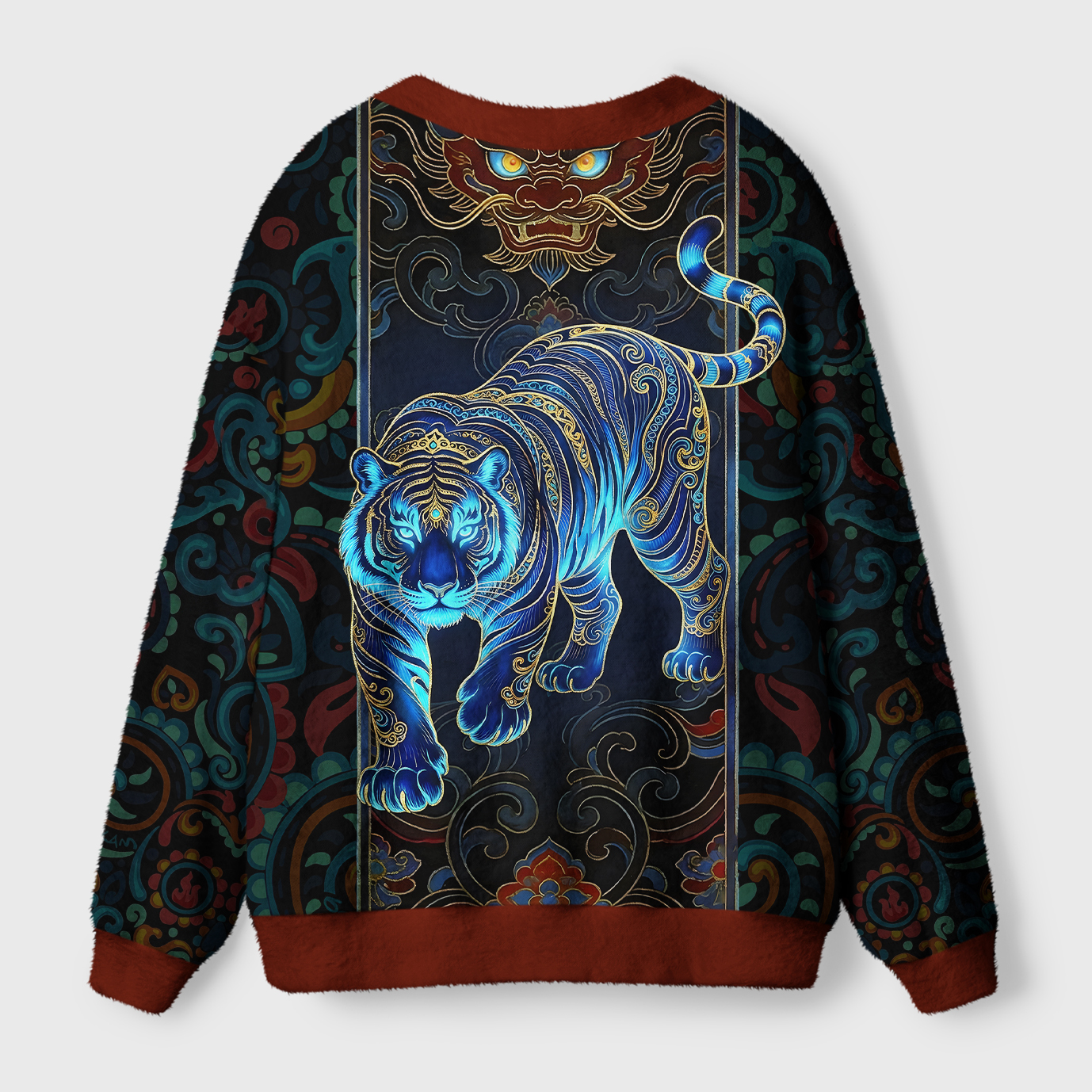 Vintage Tiger Cardigan Sweater | East Asian Art Design Back view of the vintage tiger cardigan sweater, showcasing rich color contrasts and intricate East Asian art elements.