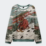 Front view of the krampus sled christmas ugly sweatshirt featuring a vibrant design with a mischievous Krampus.
