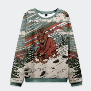 Front view of the krampus sled christmas ugly sweatshirt featuring a vibrant design with a mischievous Krampus.