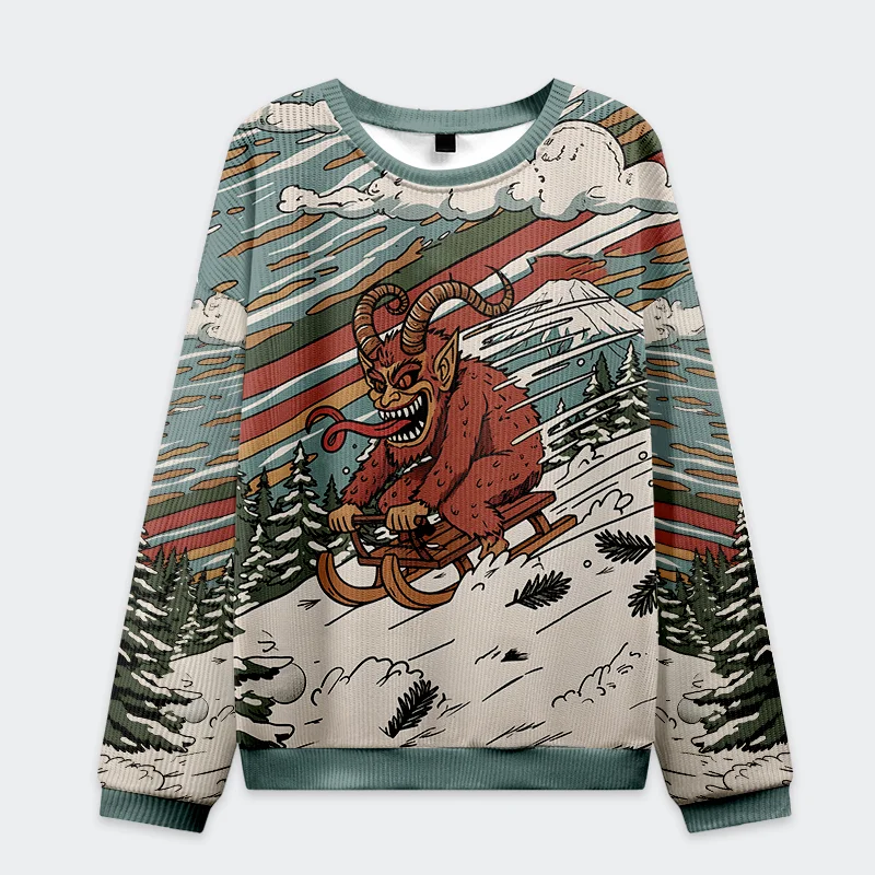 Krampus Sled Christmas Ugly Sweatshirt Front view of the krampus sled christmas ugly sweatshirt featuring a vibrant design with a mischievous Krampus.