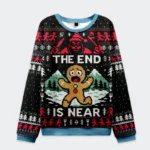 Front view of the gingerbread man disaster is coming sweatshirt featuring colorful Christmas design and playful graphics.