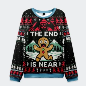 Front view of the gingerbread man disaster is coming sweatshirt featuring colorful Christmas design and playful graphics.