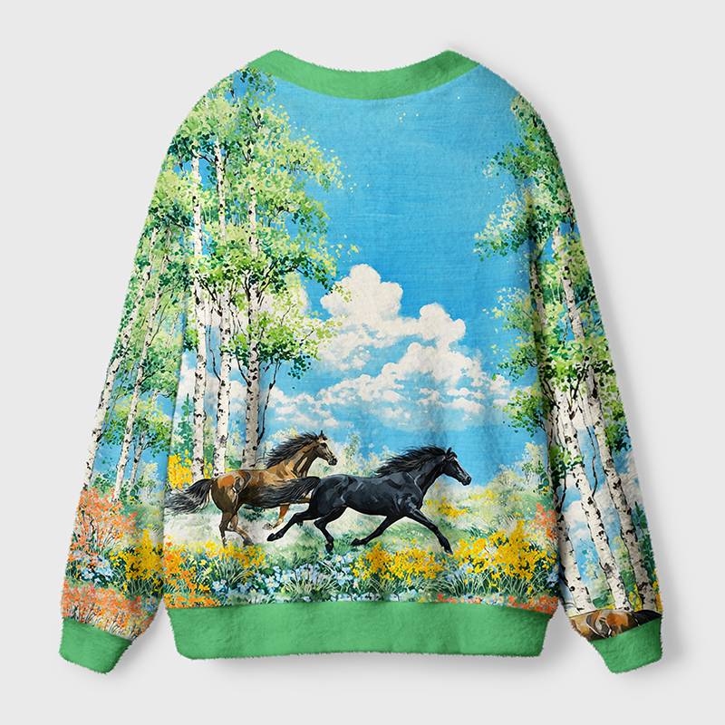 Horses in Bloom Cardigan Sweater Back view showcasing the beautiful floral horse design of the horses in bloom cardigan sweater in a colorful landscape.