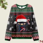 Front view of the Ninja Kawaii Japanese Christmas Ugly Sweatshirt featuring a festive ninja in a Santa hat.