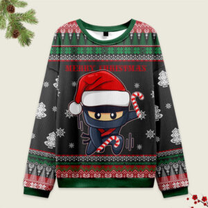 Front view of the Ninja Kawaii Japanese Christmas Ugly Sweatshirt featuring a festive ninja in a Santa hat.