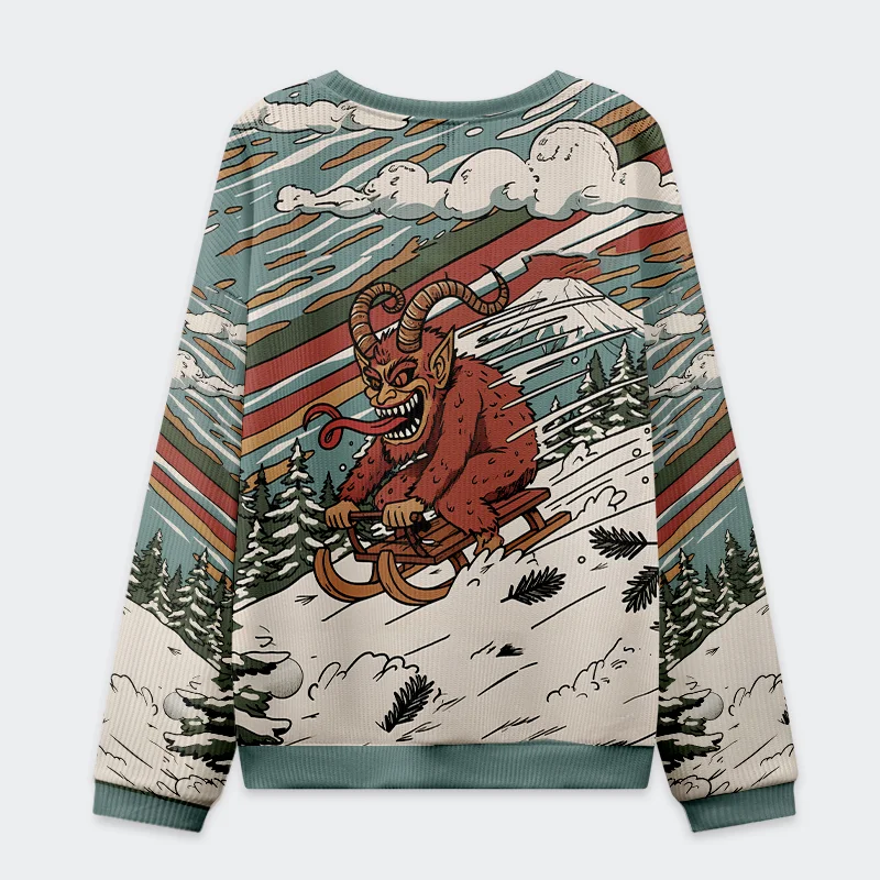 Krampus Sled Christmas Ugly Sweatshirt Back of the krampus sled christmas ugly sweatshirt showcasing the unique color scheme and festive patterns.