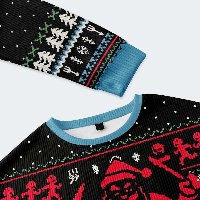 Gingerbread Man Disaster Is Coming Sweatshirt Close-up detail of the gingerbread man disaster is coming sweatshirt highlighting the vibrant colors and unique design elemen